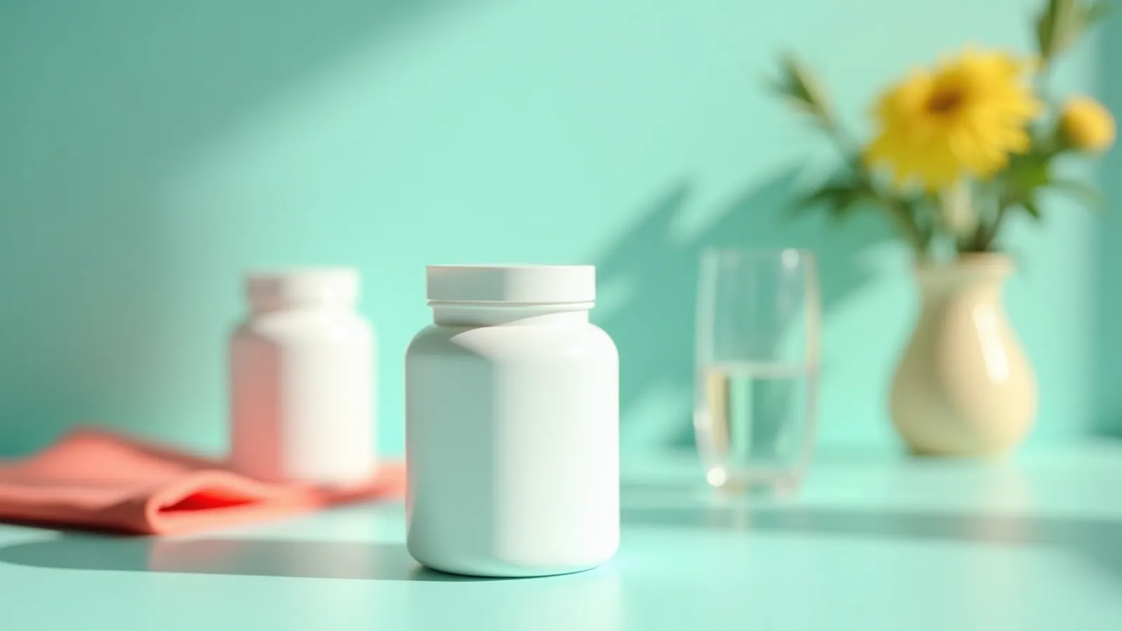 Three plain, unlabeled supplement bottles on a bright mint kitchen counter