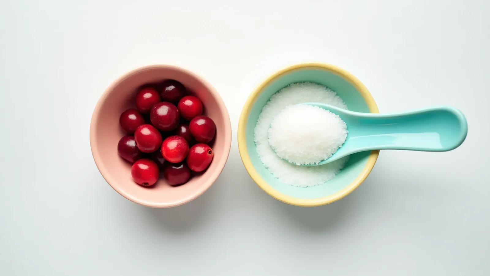 Bowls of fresh cranberries and white xylitol sweetener with a teal spoon