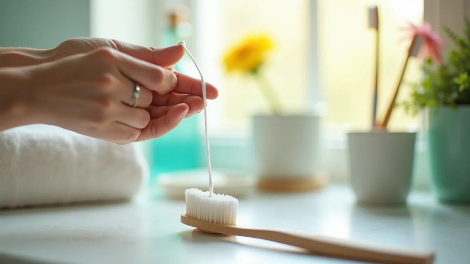Hands pulling floss at a bathroom sink, everyday care for puffy gums after flossing