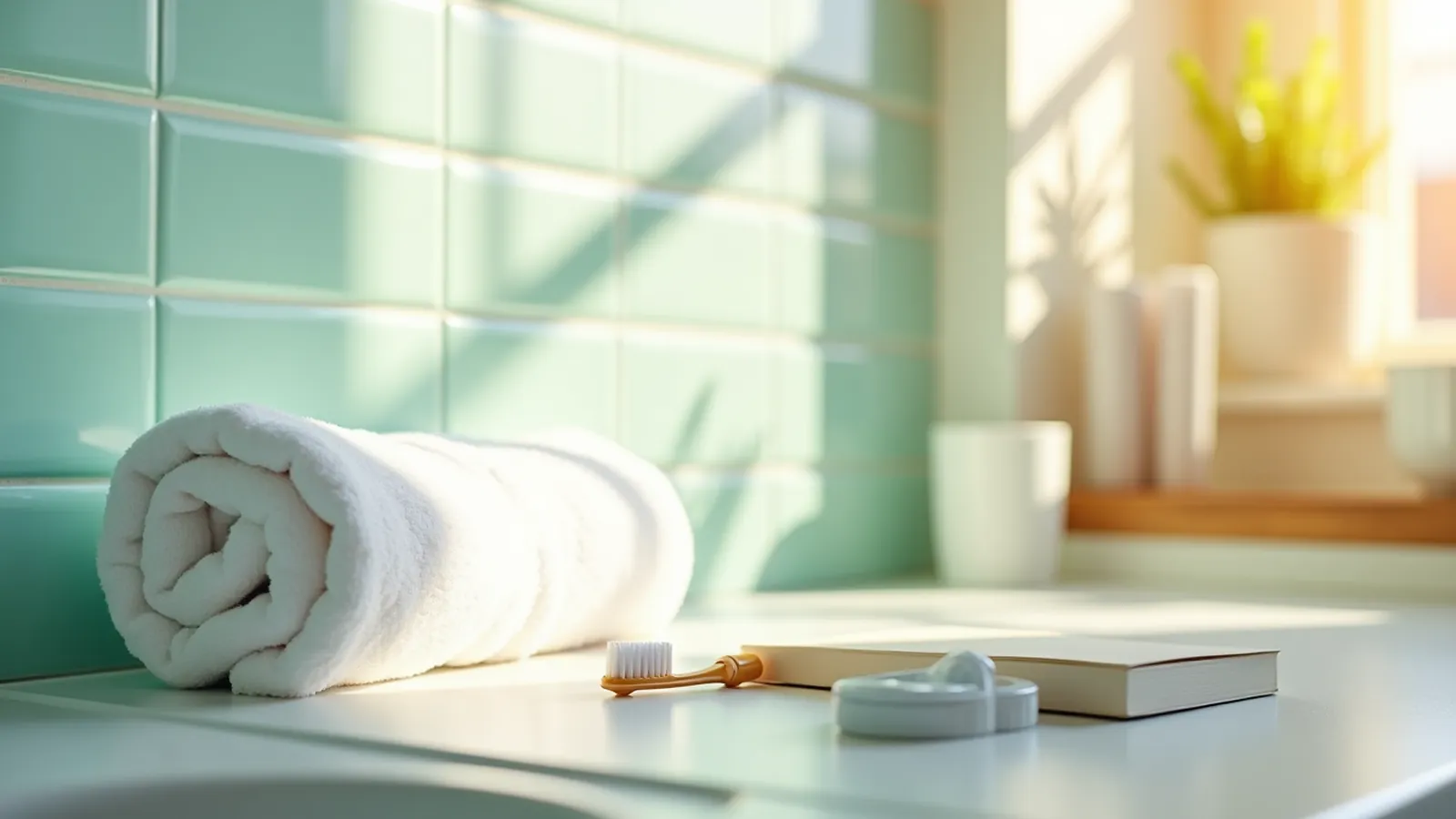 A soft toothbrush on a sunlit bathroom counter, suggesting gentler brushing for receding gums.