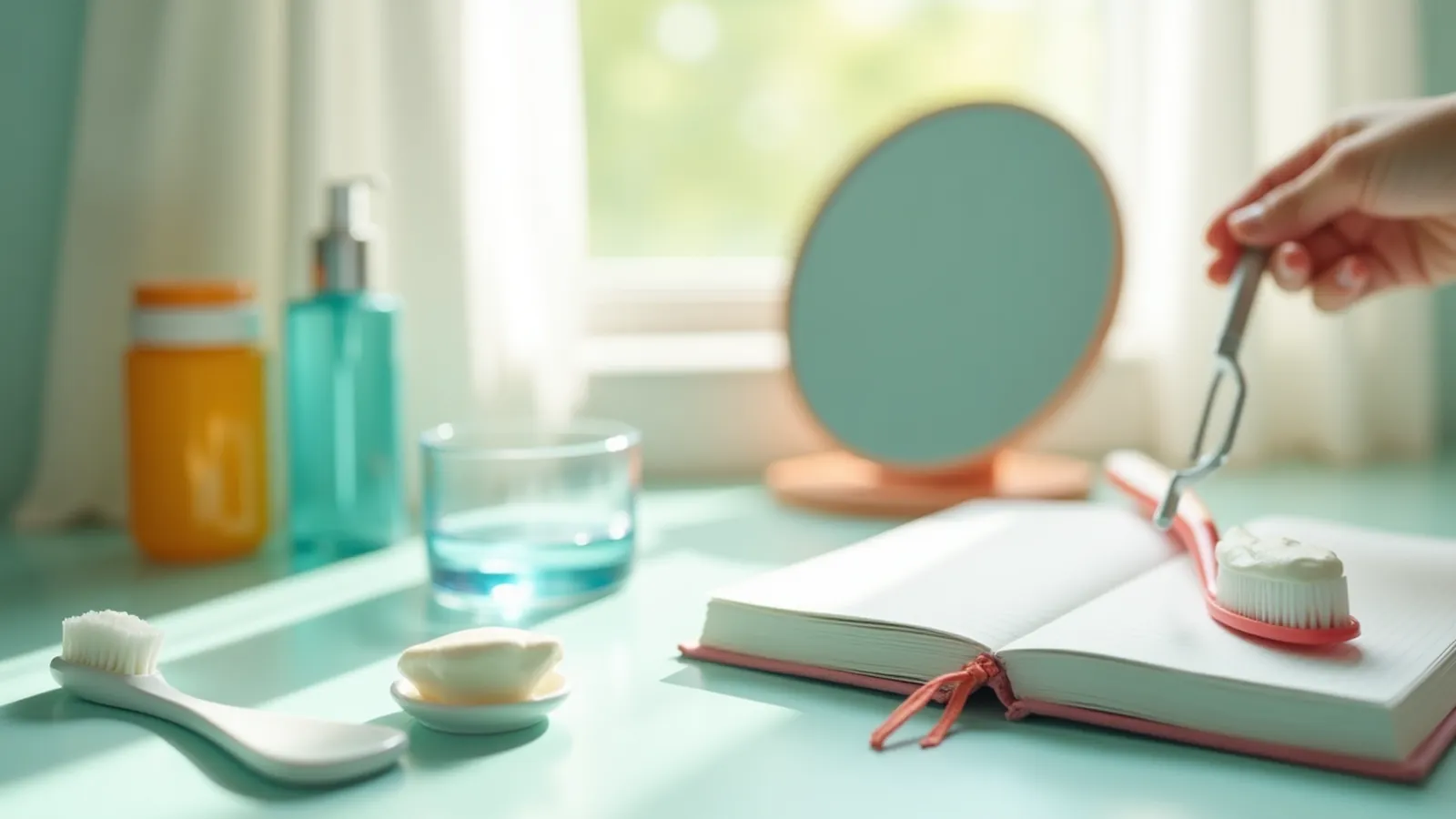 Bathroom counter with toothbrush and notebook, calm morning routine for red gums