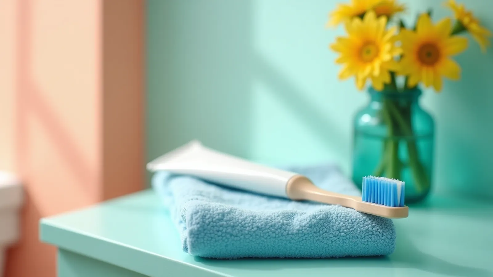 A soft toothbrush and an unlabeled toothpaste tube on a sky-blue towel