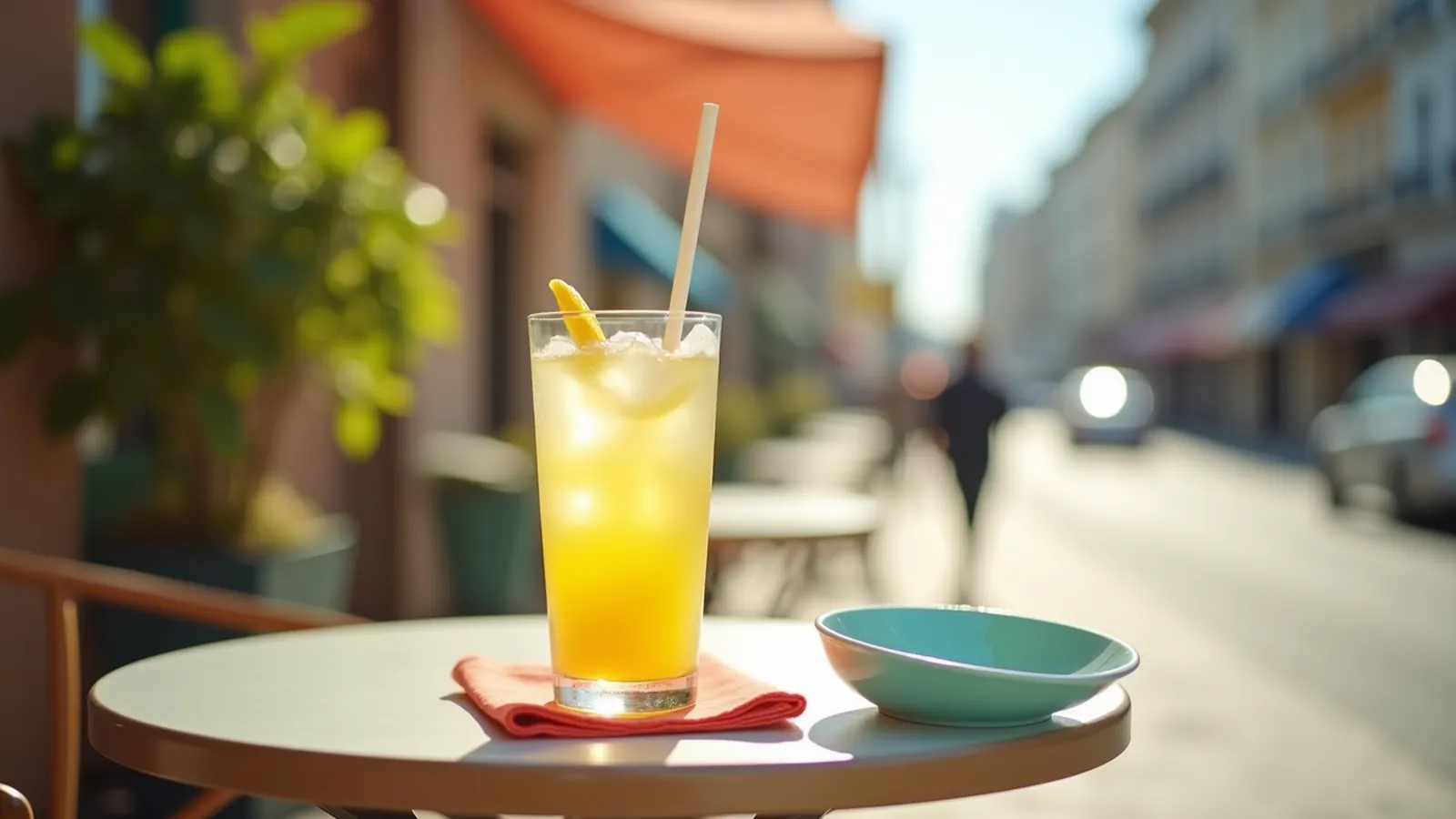 An iced lemonade on a sunny cafe table, the kind of cold drink that can trigger sensitive teeth