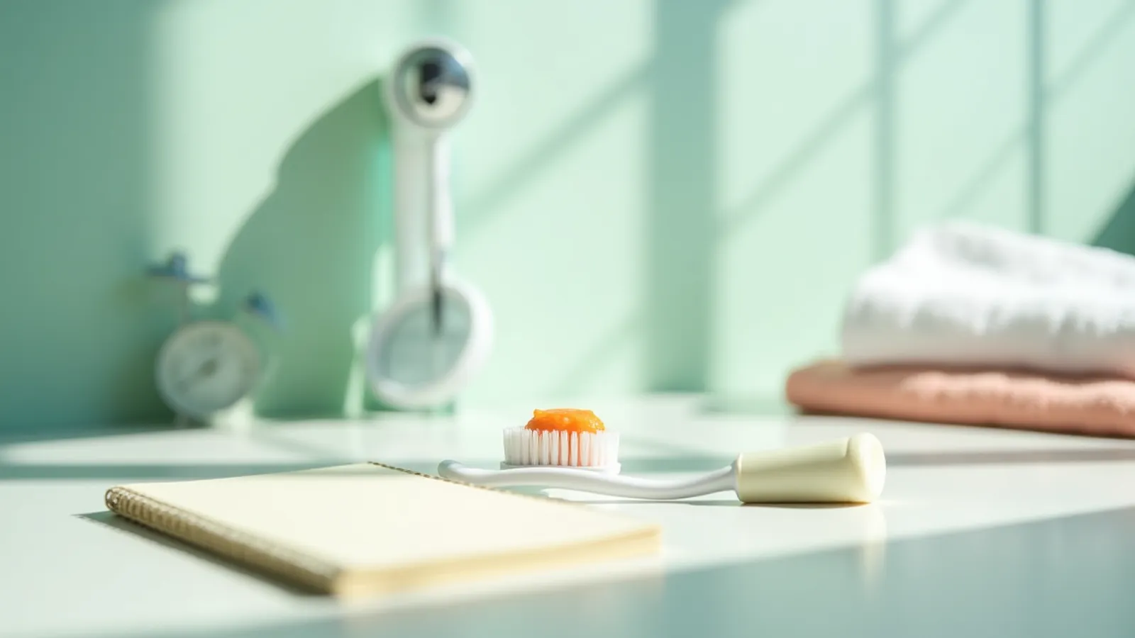 A soft-bristle toothbrush for receding gums beside a timer on a bathroom counter