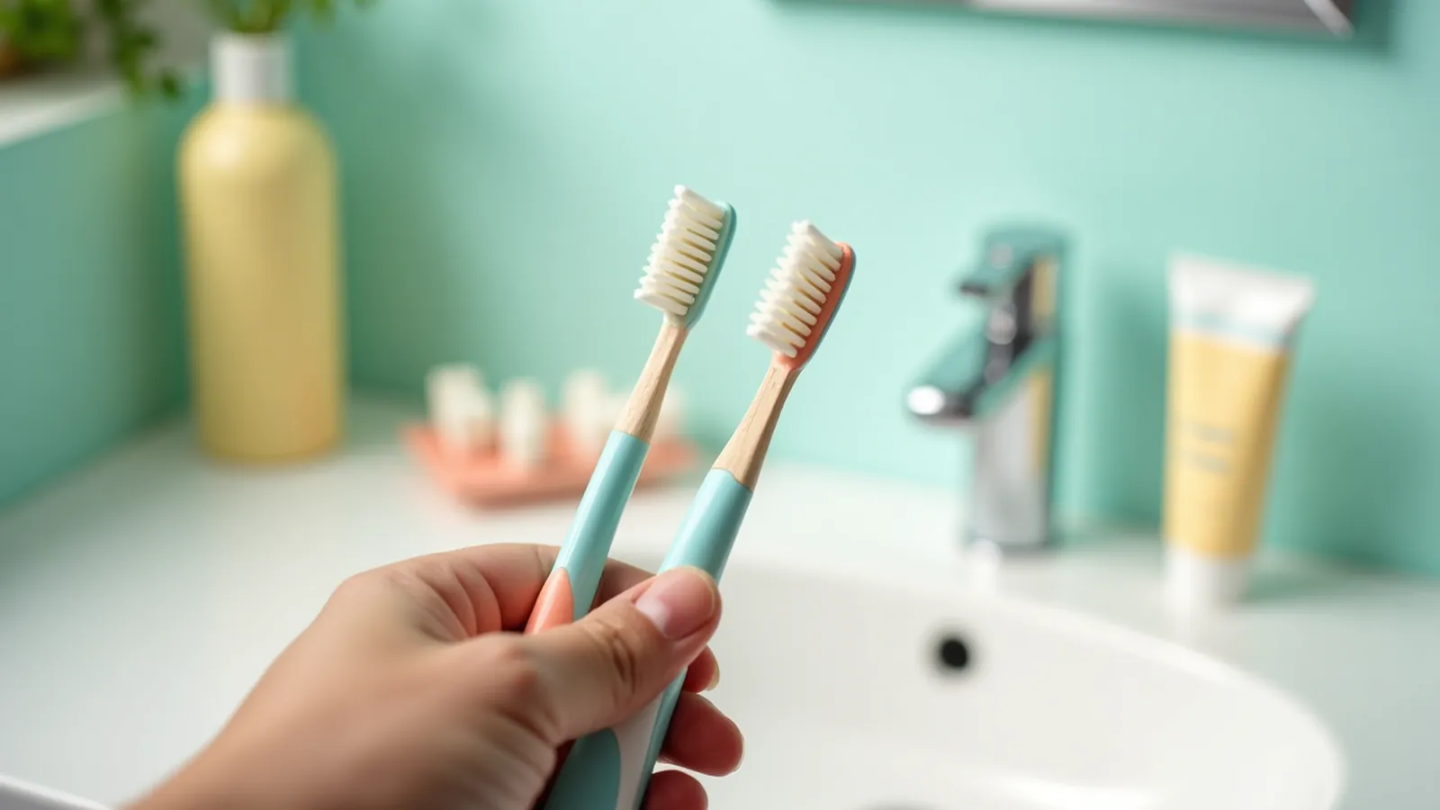 A hand holds two plain toothbrushes beside an unlabeled toothpaste tube at the sink.