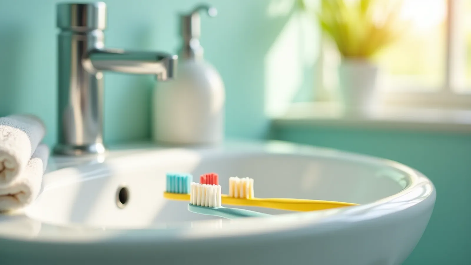 Two toothbrushes with soft and stiff bristles on a bathroom sink, a calm reminder about sore gums.