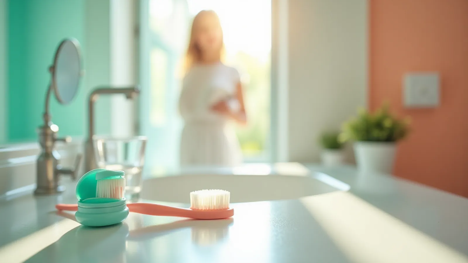 Toothbrush, floss, mirror, and water glass on a sunlit bathroom counter for tartar after cleaning