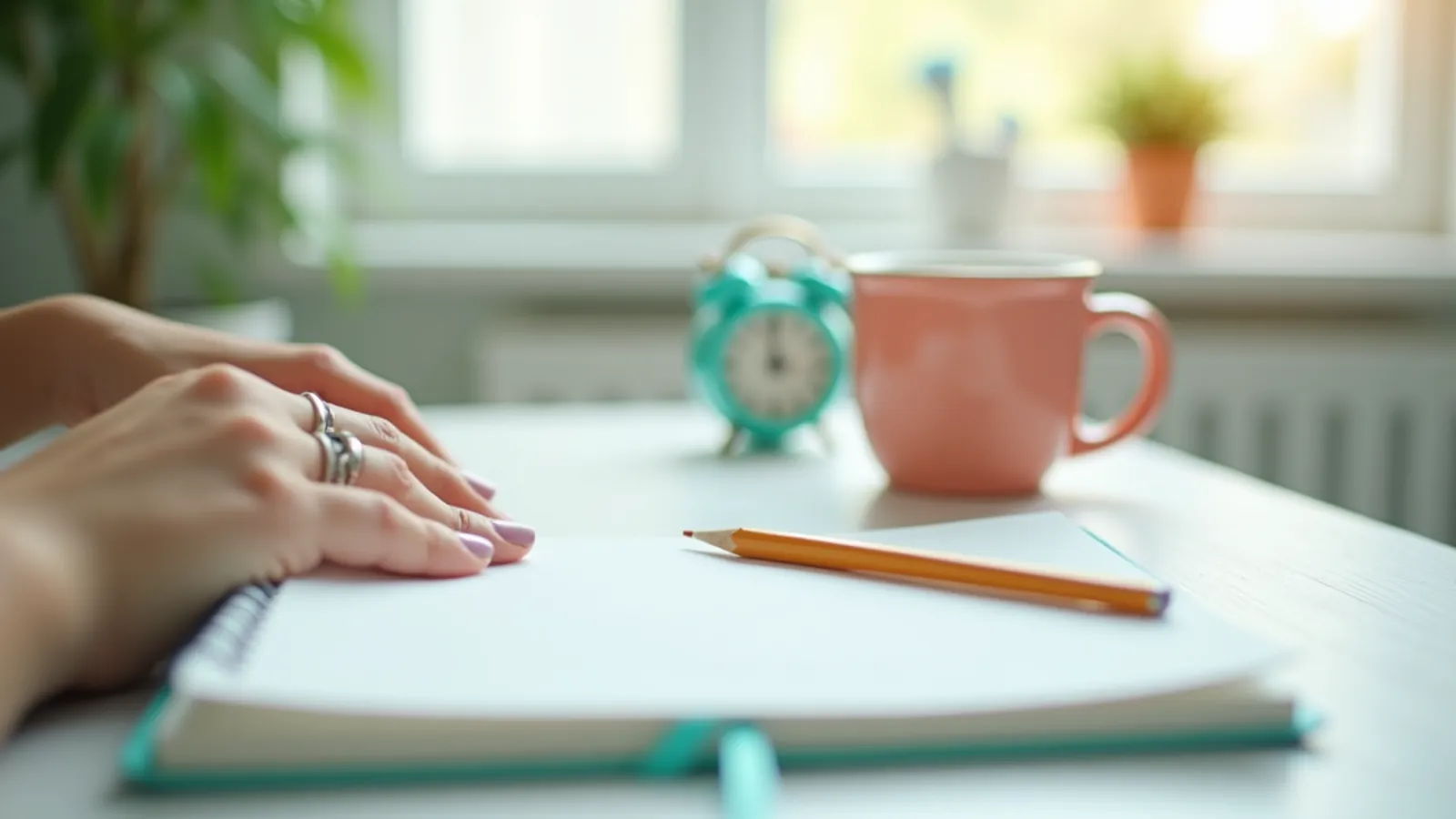 Blank notebook and mug on a sunlit kitchen table for teeth clenching awareness.