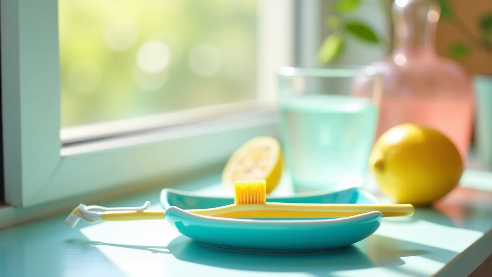 A tongue cleaner and a toothbrush on a blue dish by a sunny window