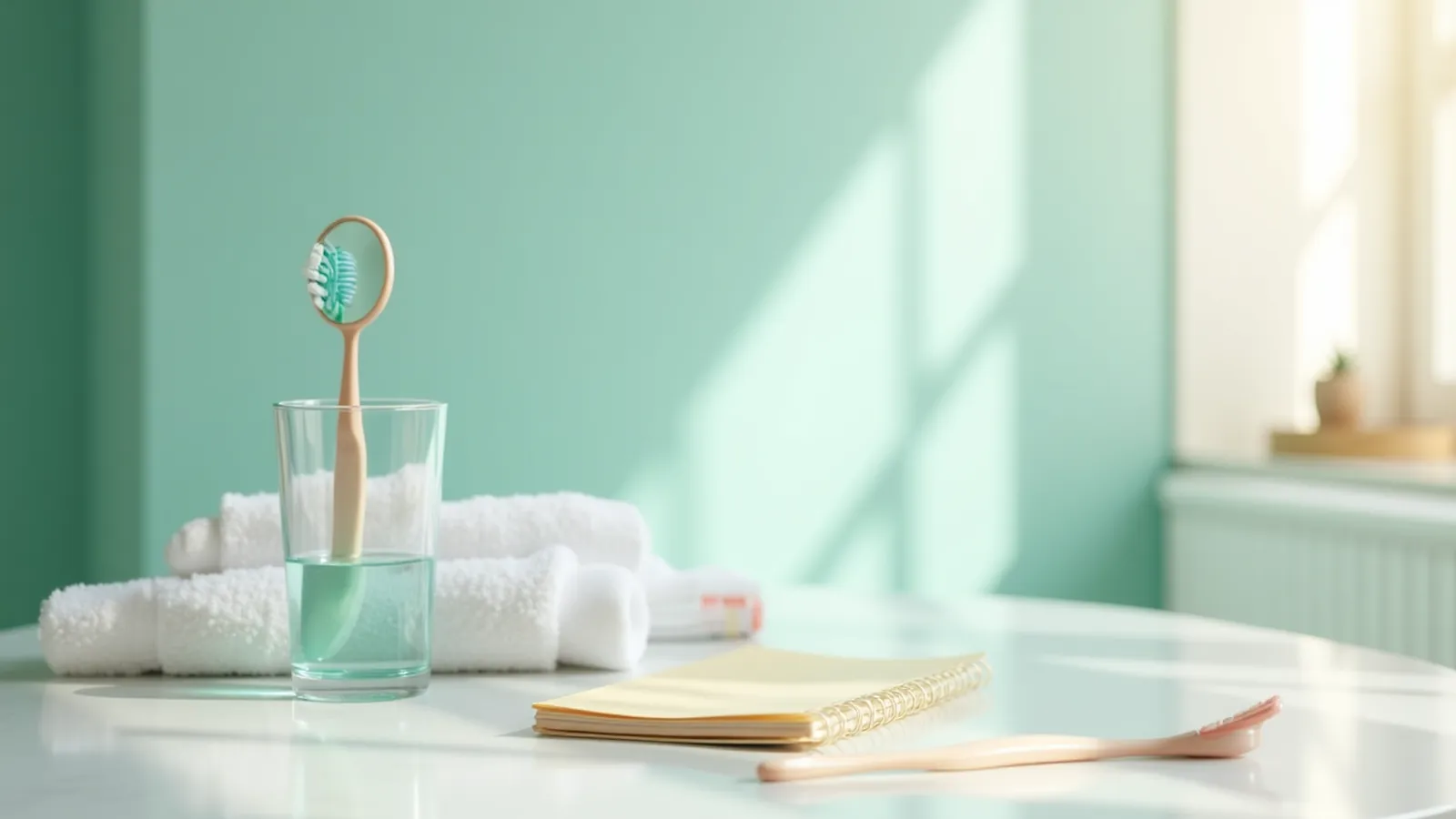 A water glass, hand mirror, towel and notebook on a kitchen table, tonsil stones care.