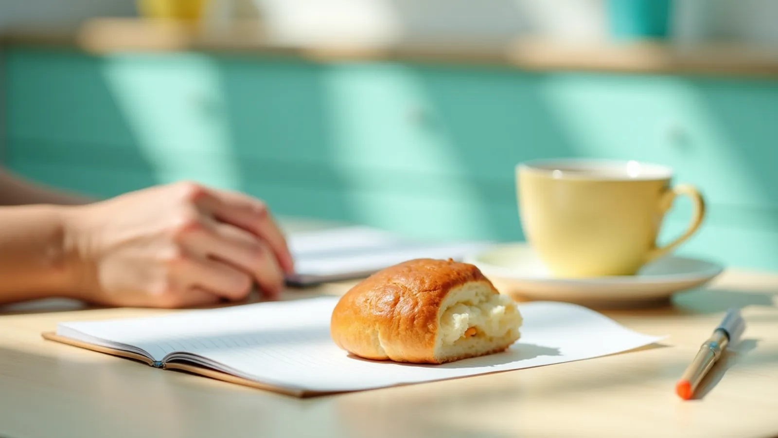 Sunlit kitchen table with coffee, pastry, and notebook, where tooth hurts when eating sweets raises questions.