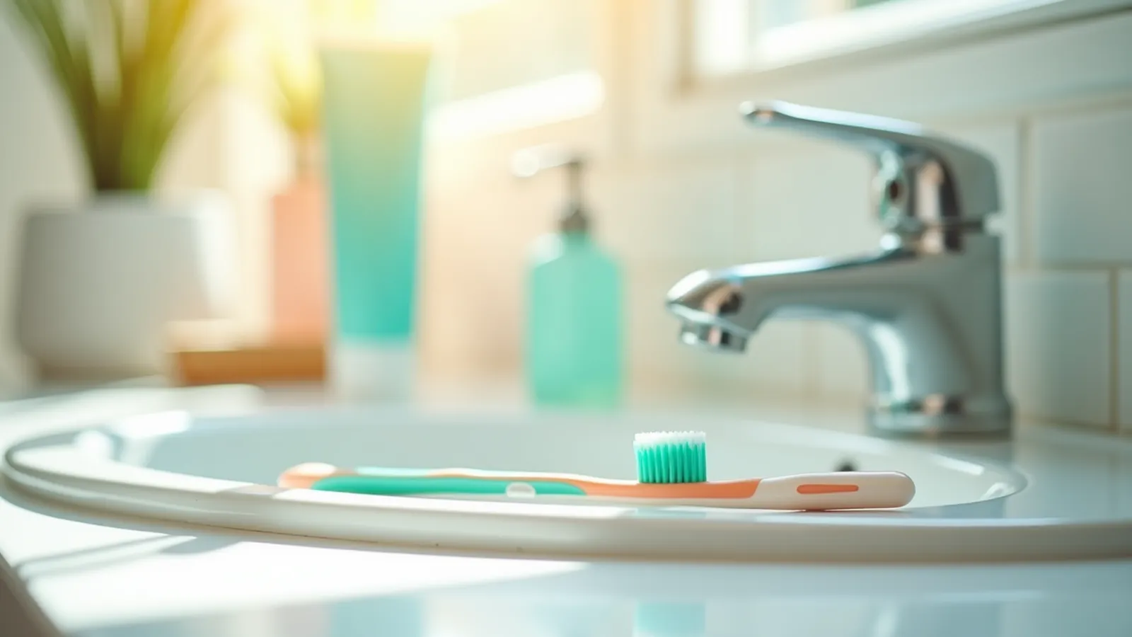 Bathroom sink with toothbrush, toothpaste and small mirror in morning light for dark red gums care