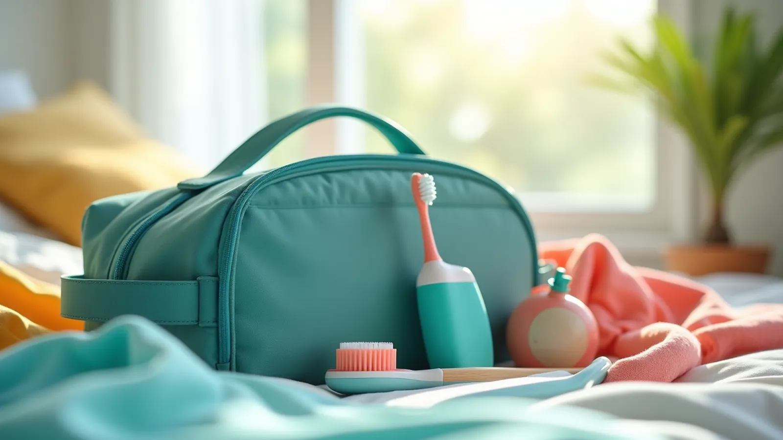 A teal travel toiletry bag holding a manual and an electric toothbrush
