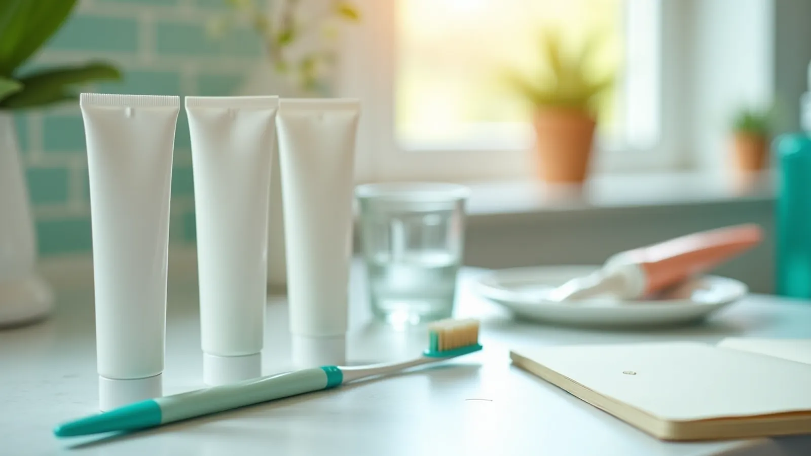Toothpaste tubes lined up on a kitchen counter in gentle morning light