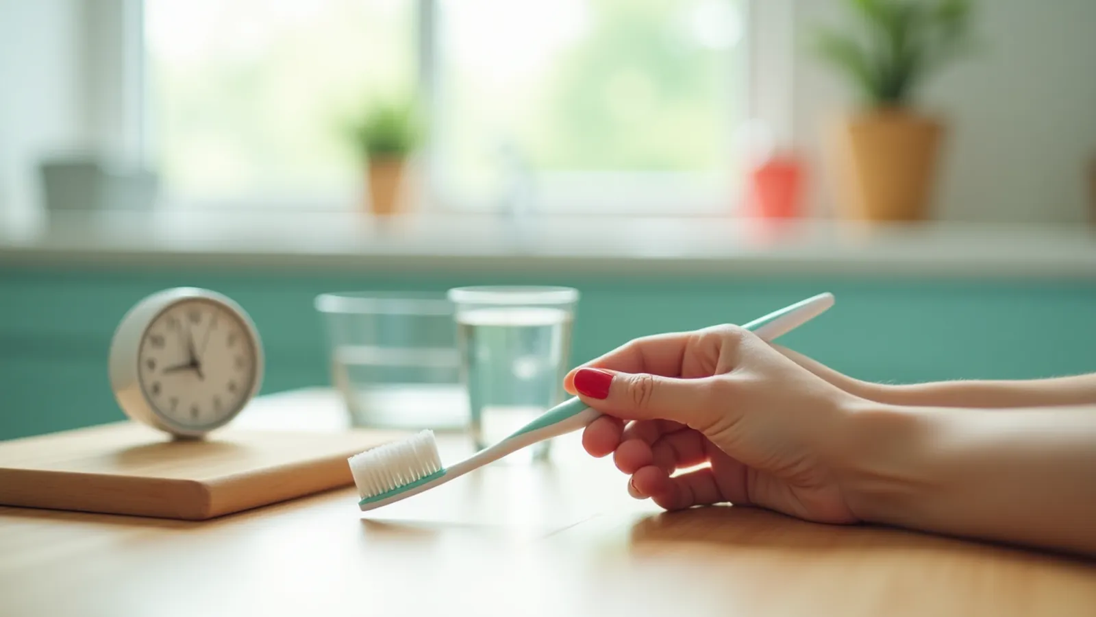 A hand setting a timer next to a toothbrush and glass of water on a table.