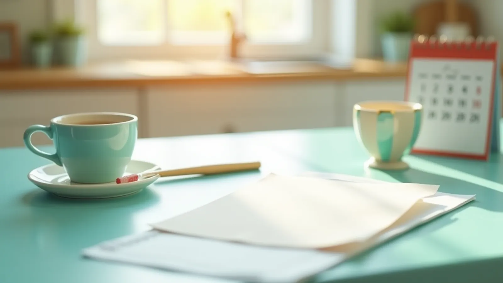 Notebook, pencil and mug on a kitchen table in morning light