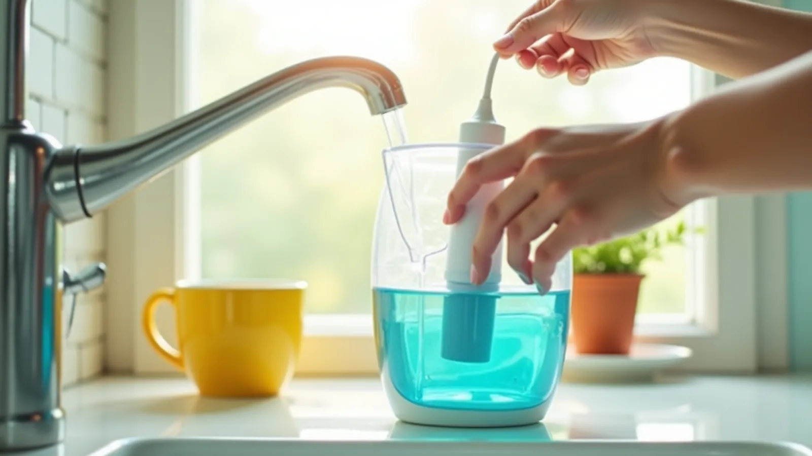 Hands filling a water flosser tank at a sunny kitchen tap