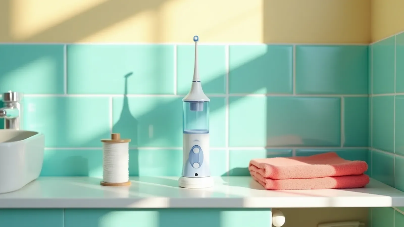 A countertop water flosser beside a spool of string floss on a mint-tiled shelf