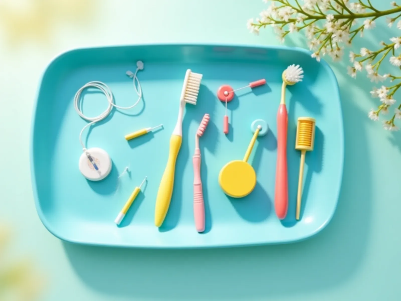 A sky-blue tray holding toothbrushes, floss and small colorful oral-care tools, seen from above.