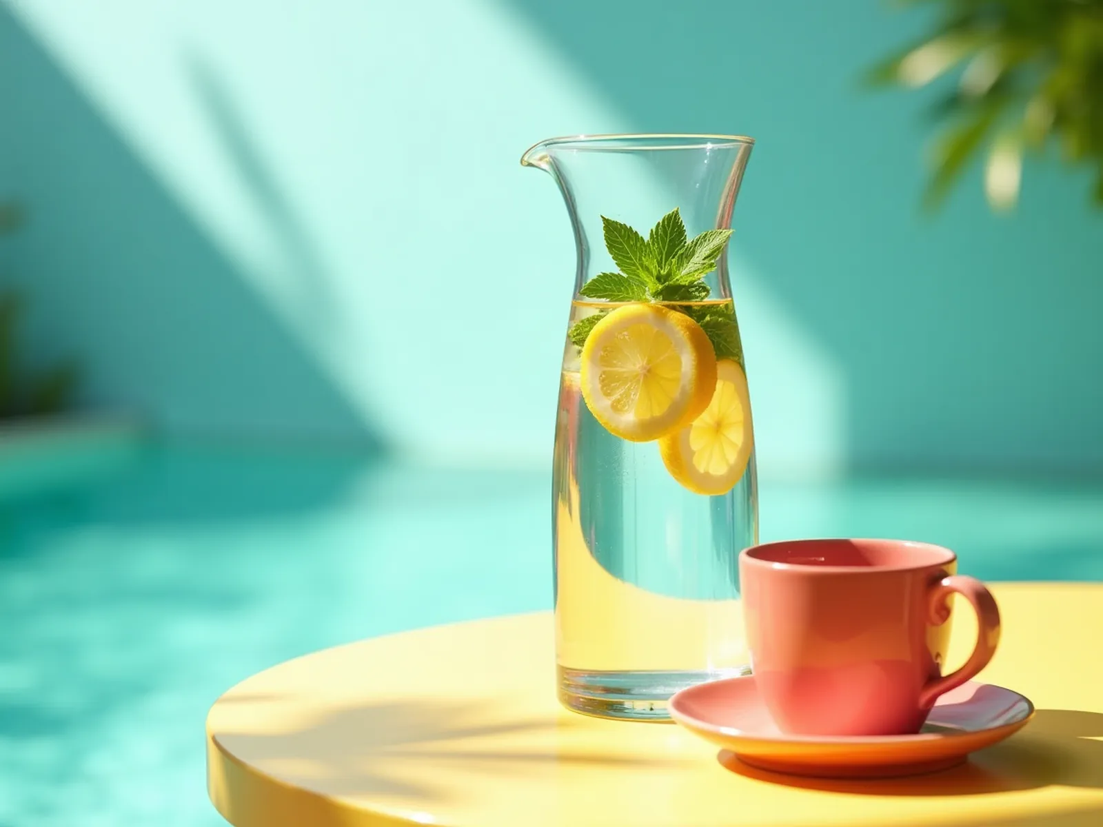 A clear jug of water with lemon slices and fresh mint beside a coral cup on a sunny table.