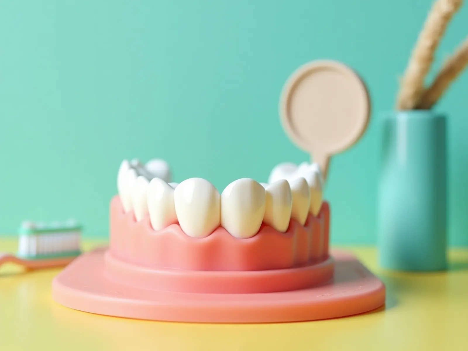 A white dental teaching model of teeth and gums on a coral tray beside a soft toothbrush and floss.