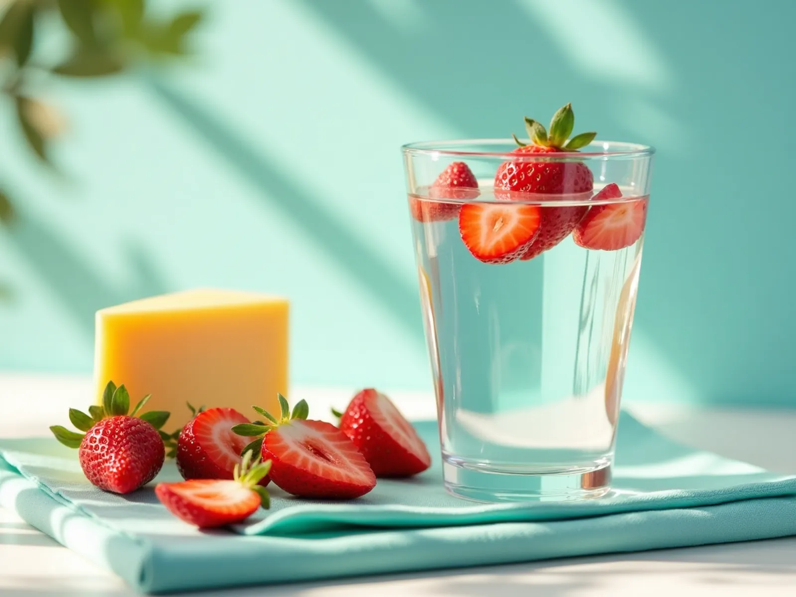 A glass of water with sliced strawberries beside a block of cheese on a teal napkin in bright sunlight.